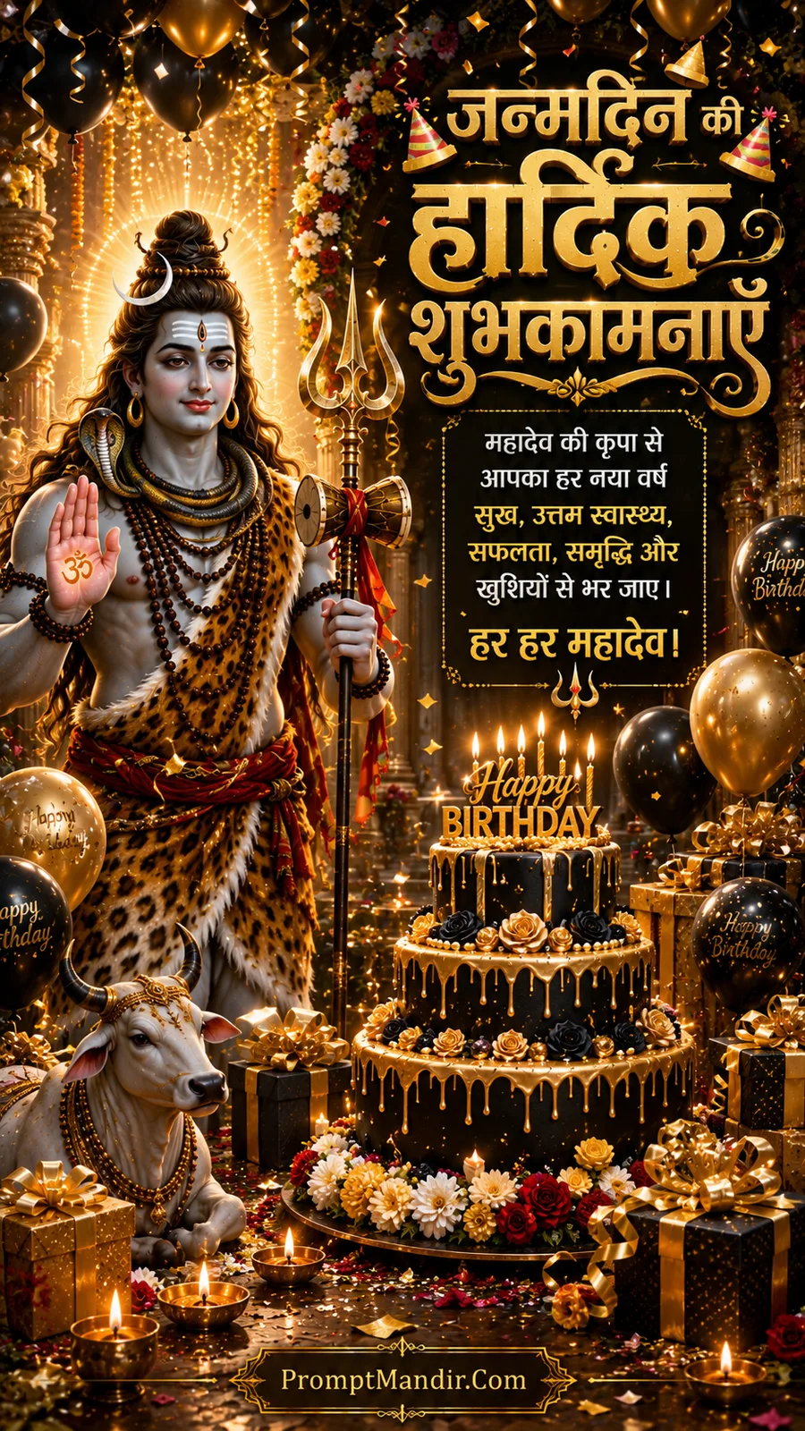 Radiant Lord Shiva holding trident beside grand birthday cake with Nandi and festive balloons