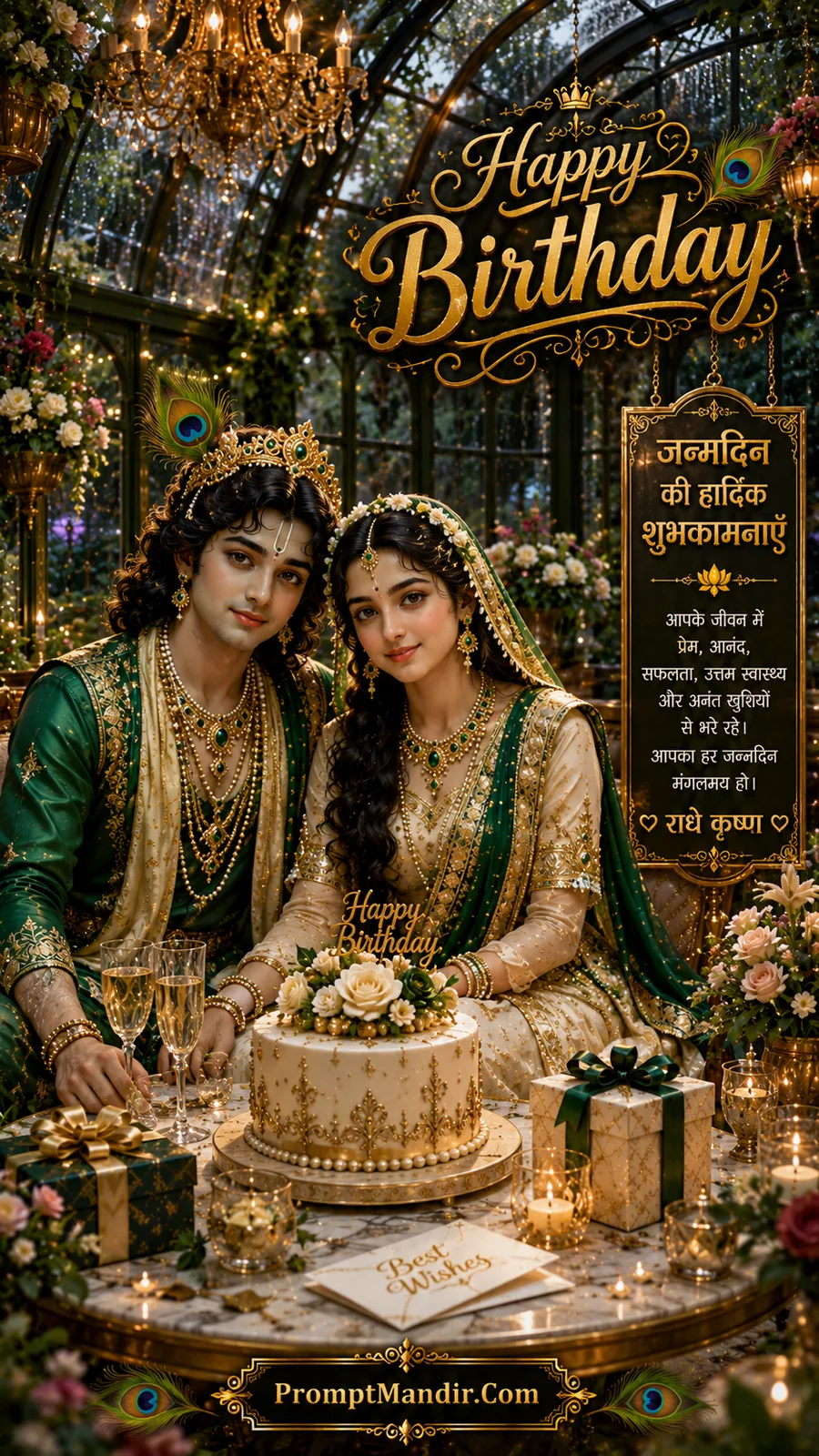 Radha Krishna seated beside elegant birthday cake inside luxurious floral glass conservatory with candles