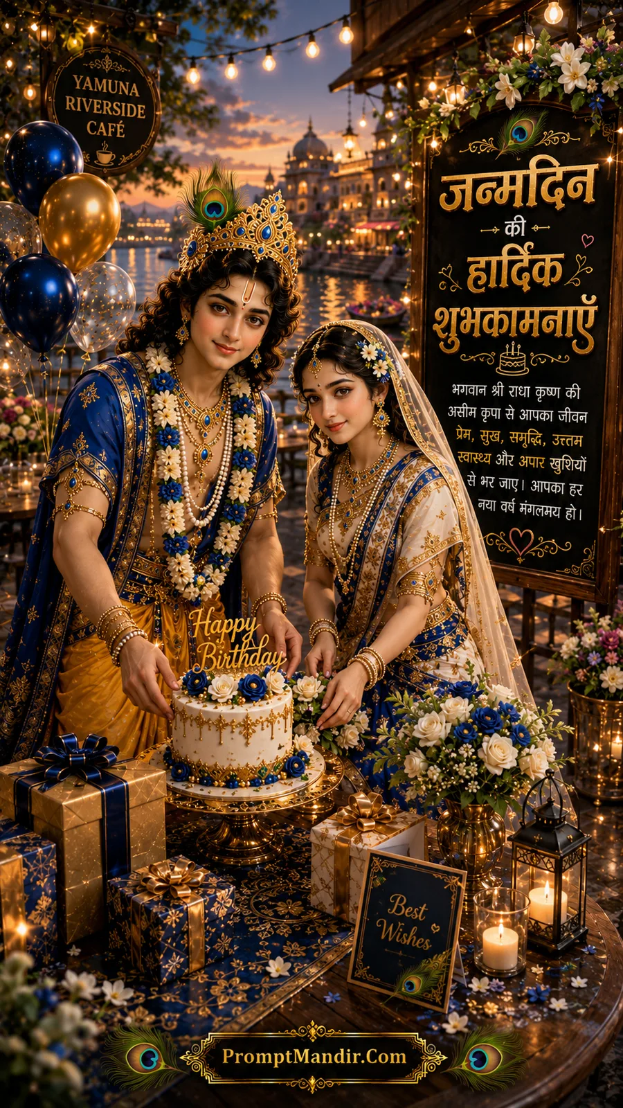 Radha Krishna decorating floral birthday cake beside illuminated riverside under beautiful evening lights