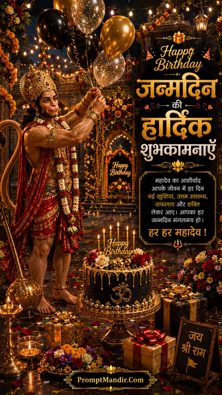 Lord Hanuman decorating festive balloons beside birthday cake inside illuminated temple courtyard