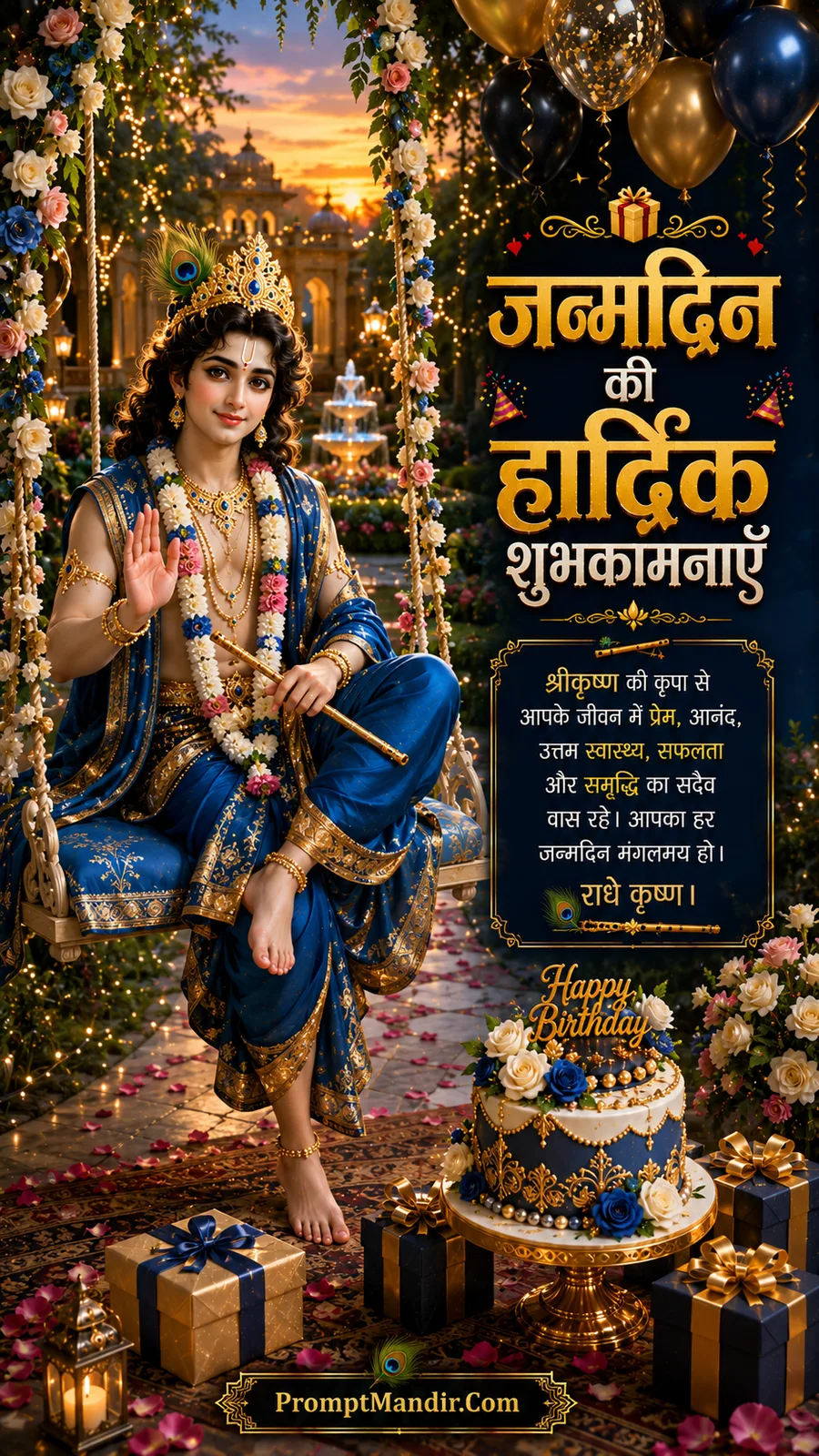 Lord Krishna blessing devotees from floral swing beside birthday cake and elegant garden decorations