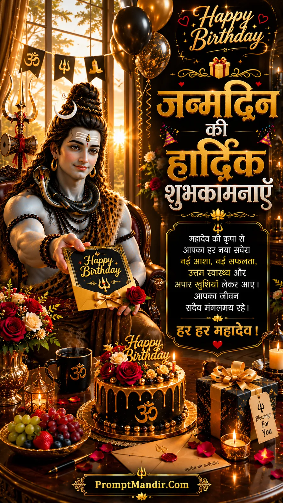 Lord Shiva presenting birthday greeting card beside elegant cake gifts and devotional decorations