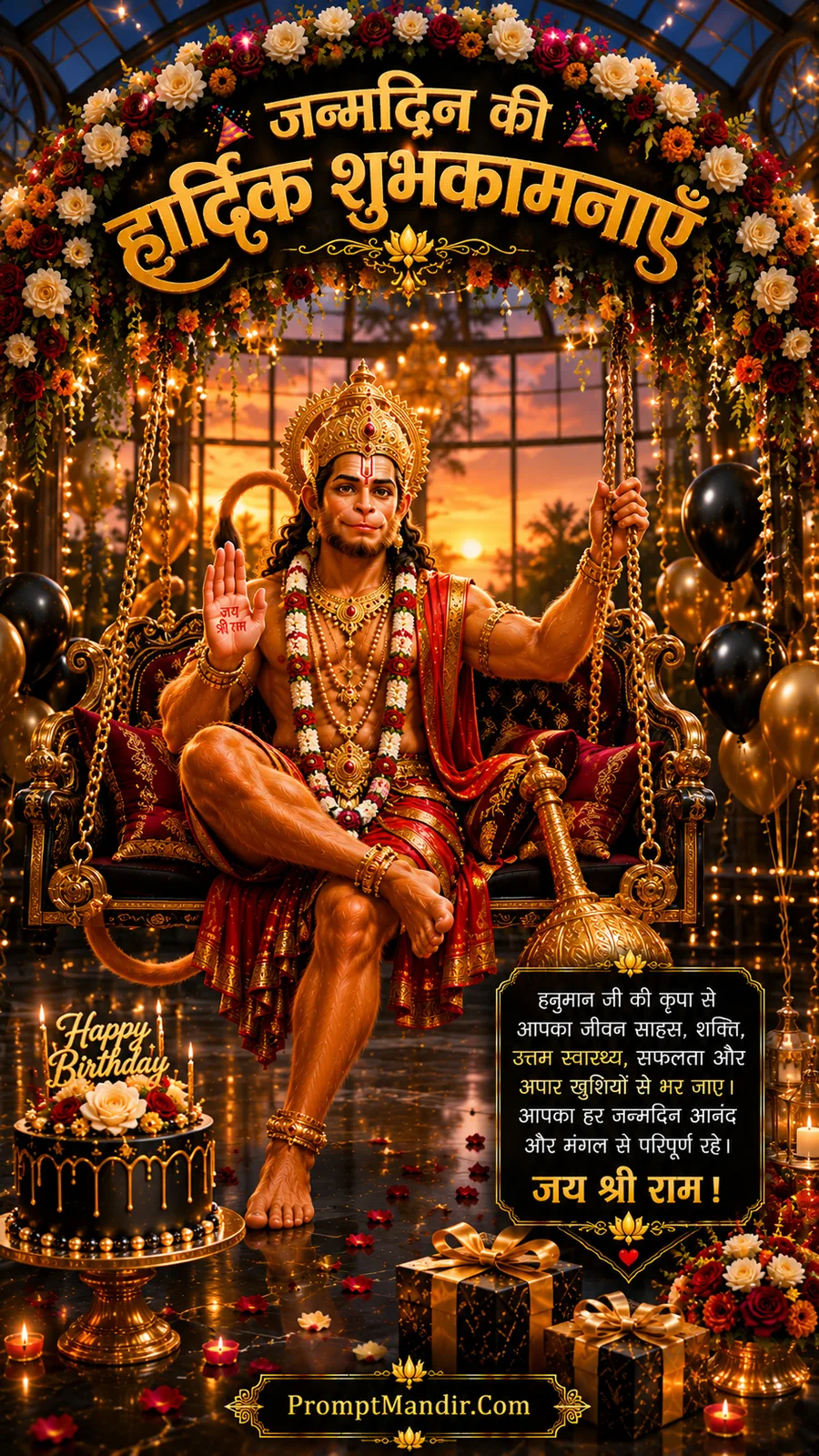 Lord Hanuman seated on decorative swing blessing devotees during elegant birthday celebration event