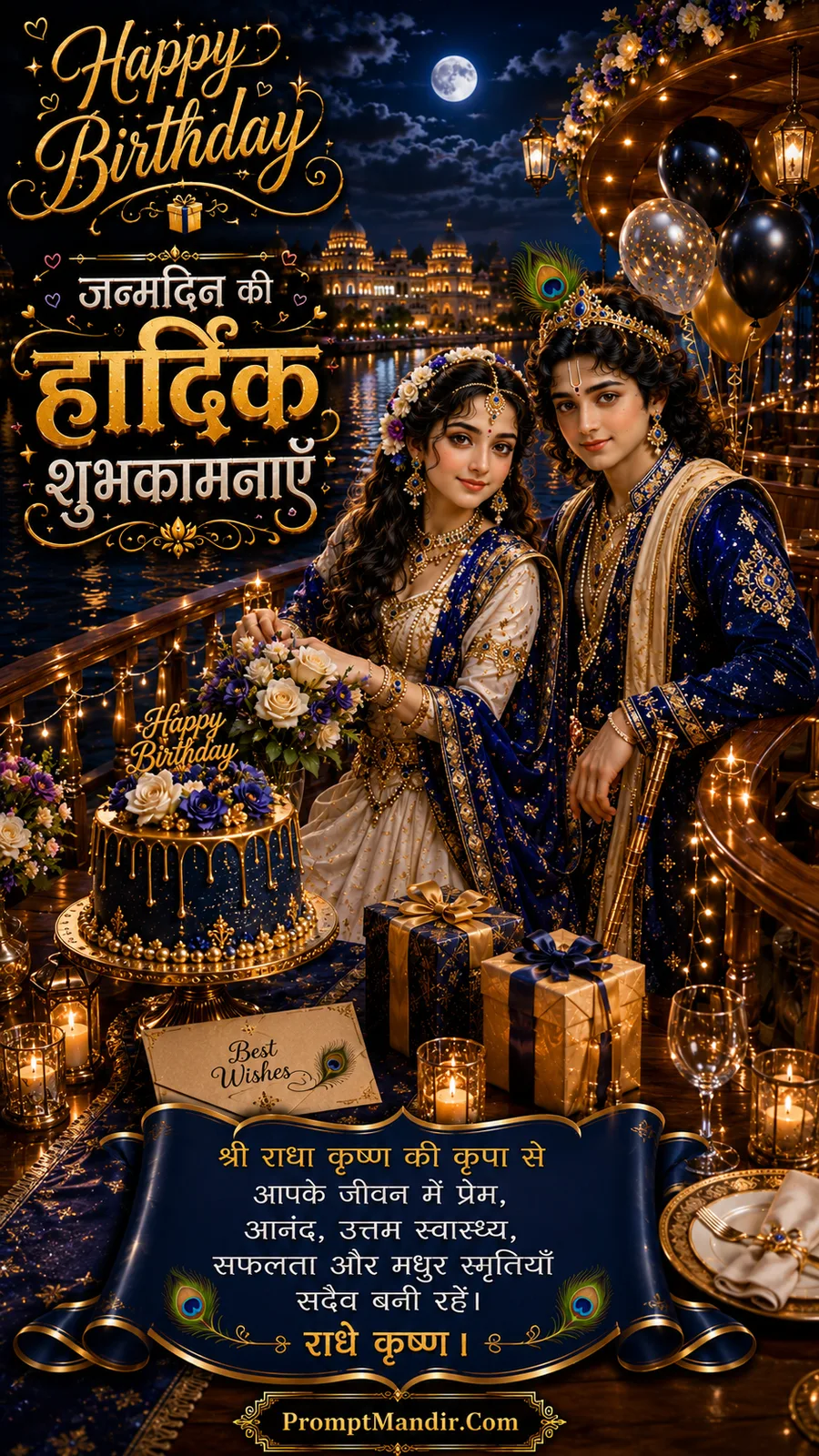 Radha Krishna beside luxurious birthday cake on moonlit riverside decorated with flowers and candles
