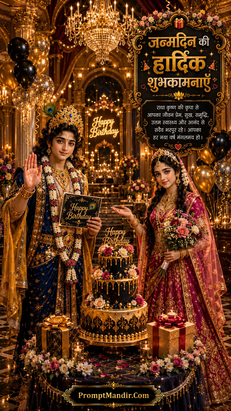 Radha Krishna offering birthday blessings inside grand palace hall with elegant floral cake and gifts