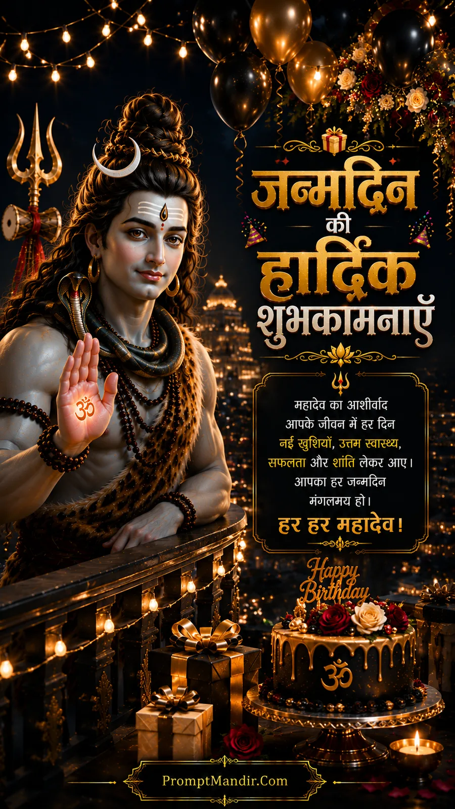 Lord Shiva blessing devotees from illuminated balcony beside birthday cake and wrapped gifts