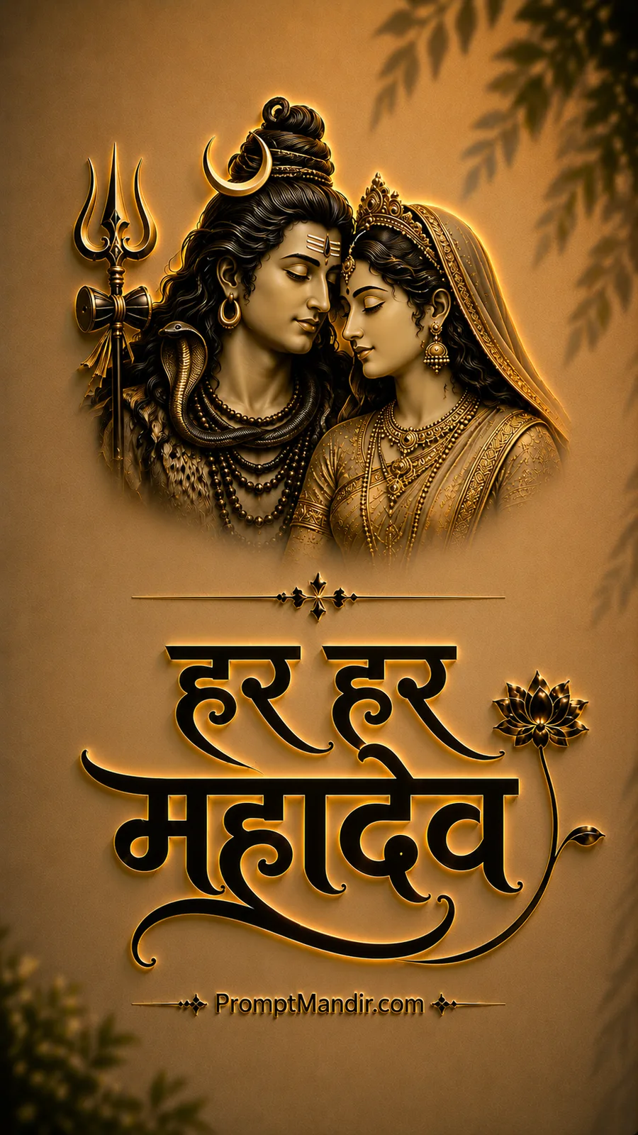 Divine golden couple portrait of Lord Shiva and Goddess Parvati with a crescent moon and Trishul, featuring 3D Har Har Mahadev calligraphy