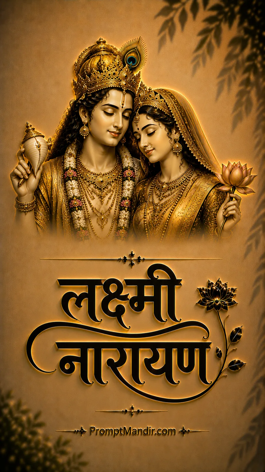 Divine golden couple portrait of Lord Vishnu and Goddess Lakshmi holding a conch and lotus, with 3D Laxmi Narayan calligraphy