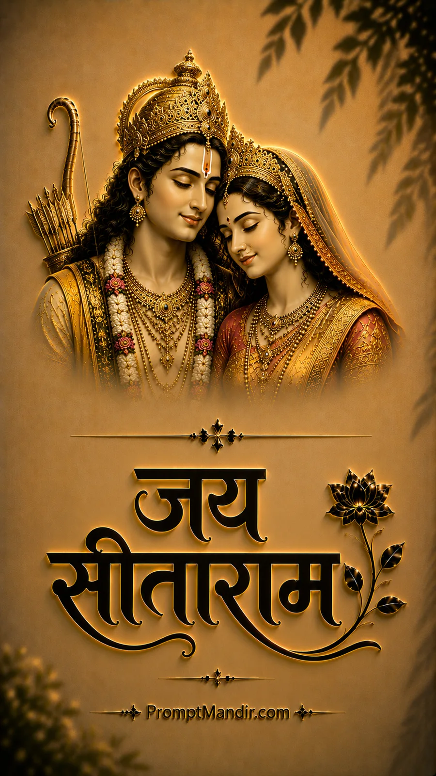 Divine golden couple portrait of Lord Rama and Goddess Sita holding a bow, with 3D Jai Sitaram calligraphy