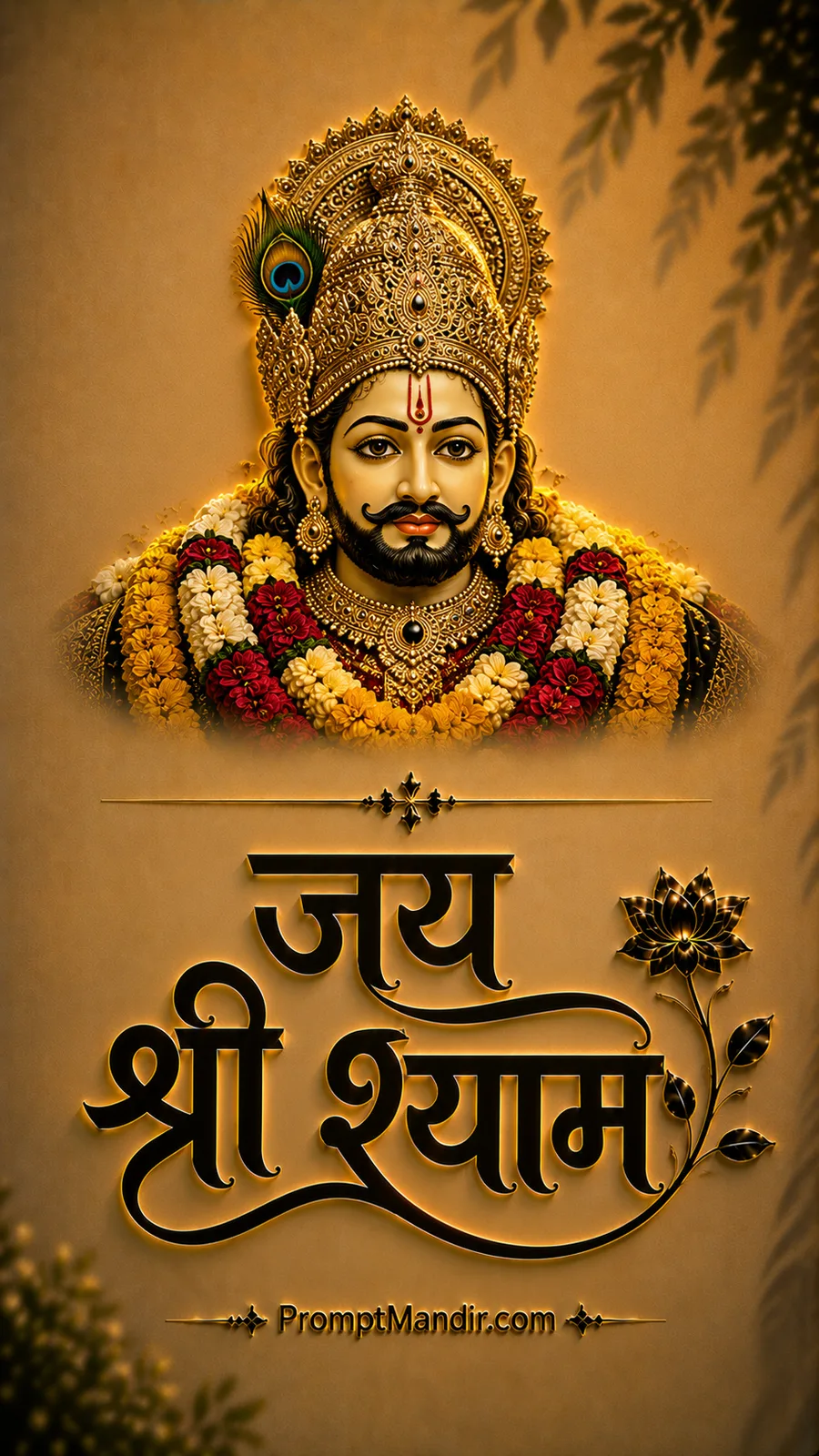 Divine golden portrait of Lord Shyam with a peacock feather crown and floral garland, featuring 3D Jai Shri Shyam calligraphy