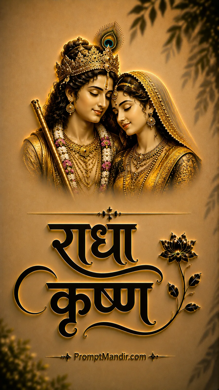 Divine golden couple portrait of Lord Krishna and Goddess Radha holding a flute, with 3D Radha Krishna calligraphy