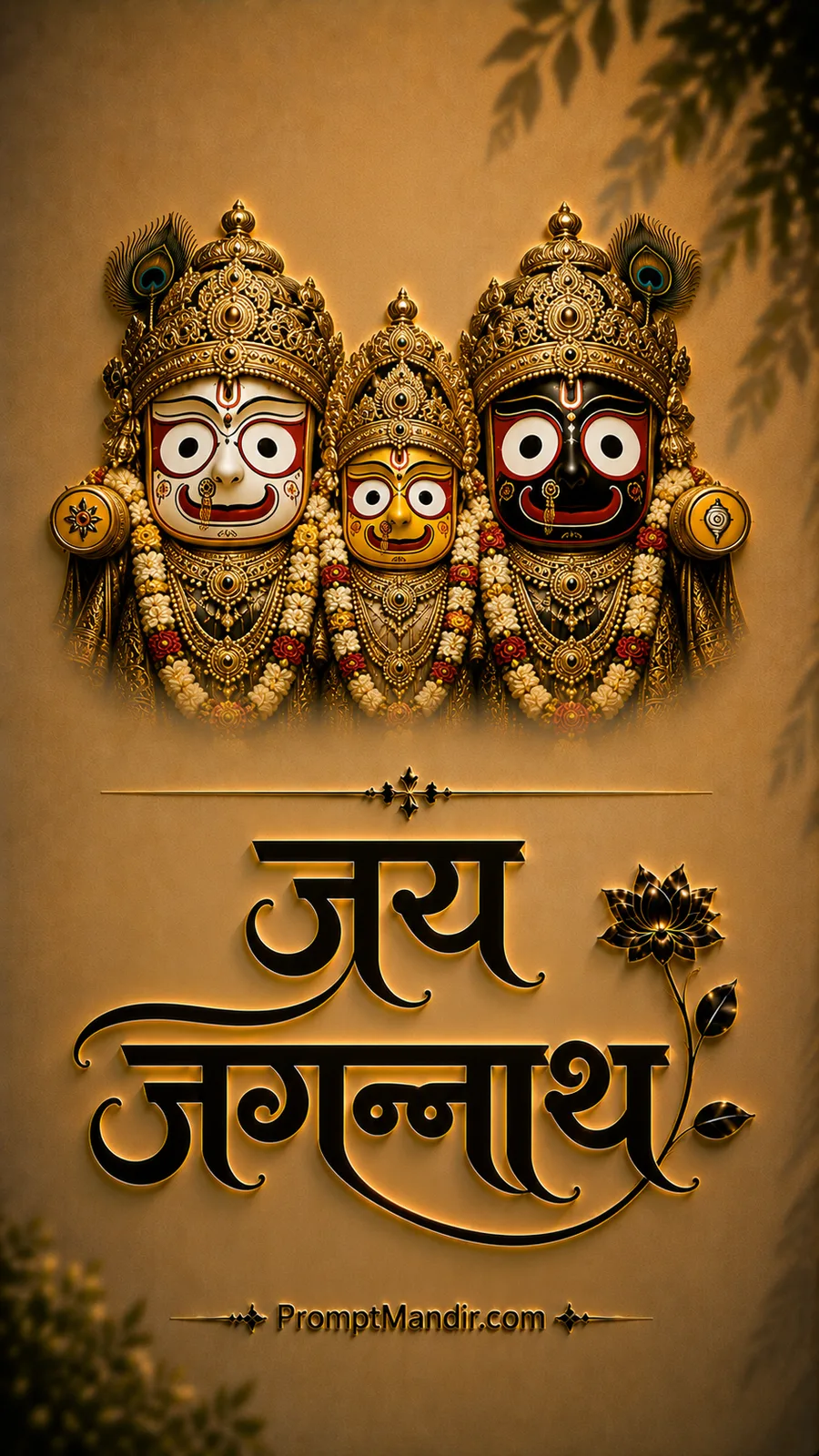Divine golden trio portrait of Lord Jagannath, Balabhadra, and Subhadra with large circular eyes, featuring 3D Jai Jagannath calligraphy