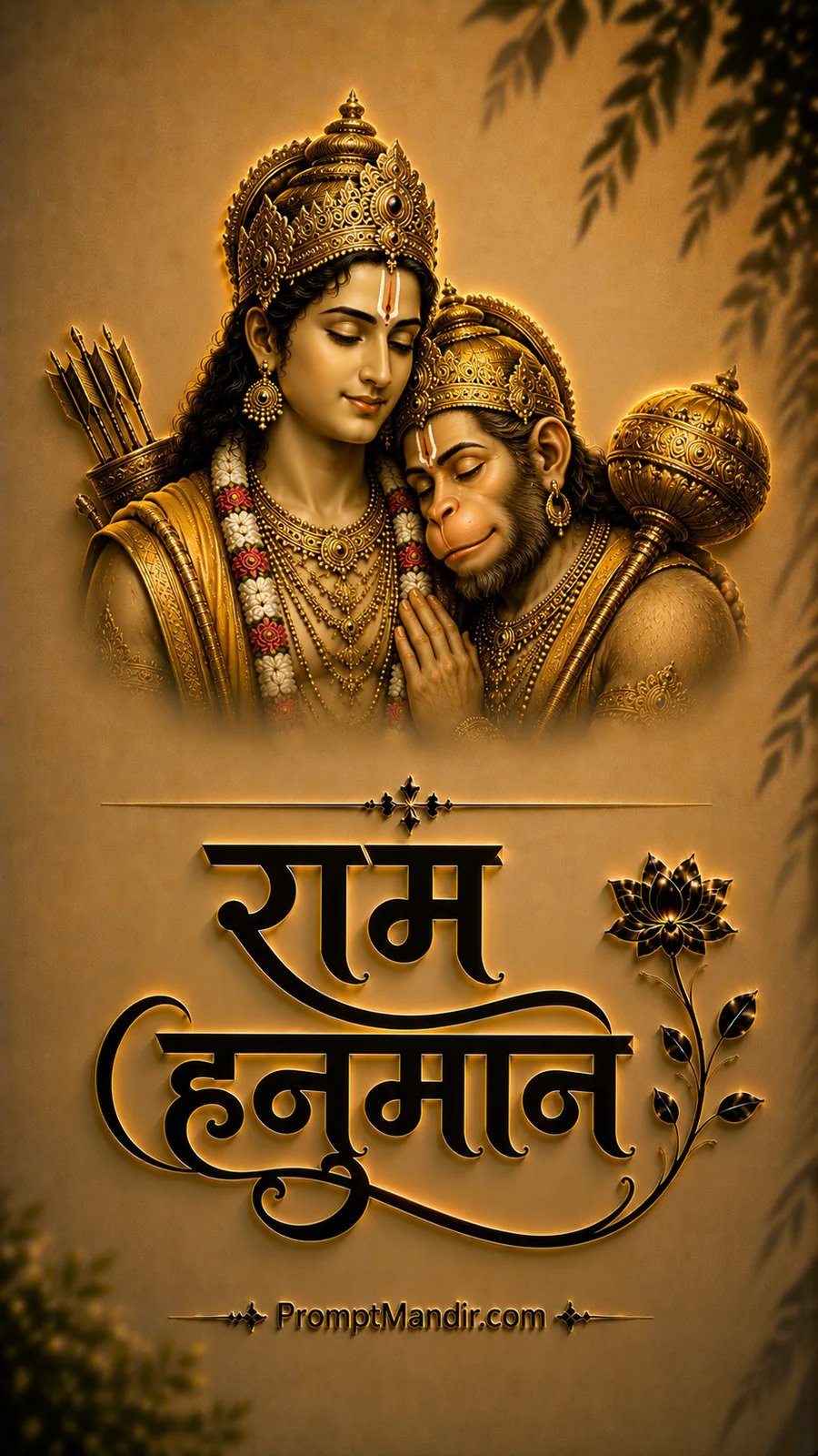 Divine golden portrait of Lord Rama and Hanuman embracing, with Hanuman holding a Gada, featuring 3D Ram Hanuman calligraphy
