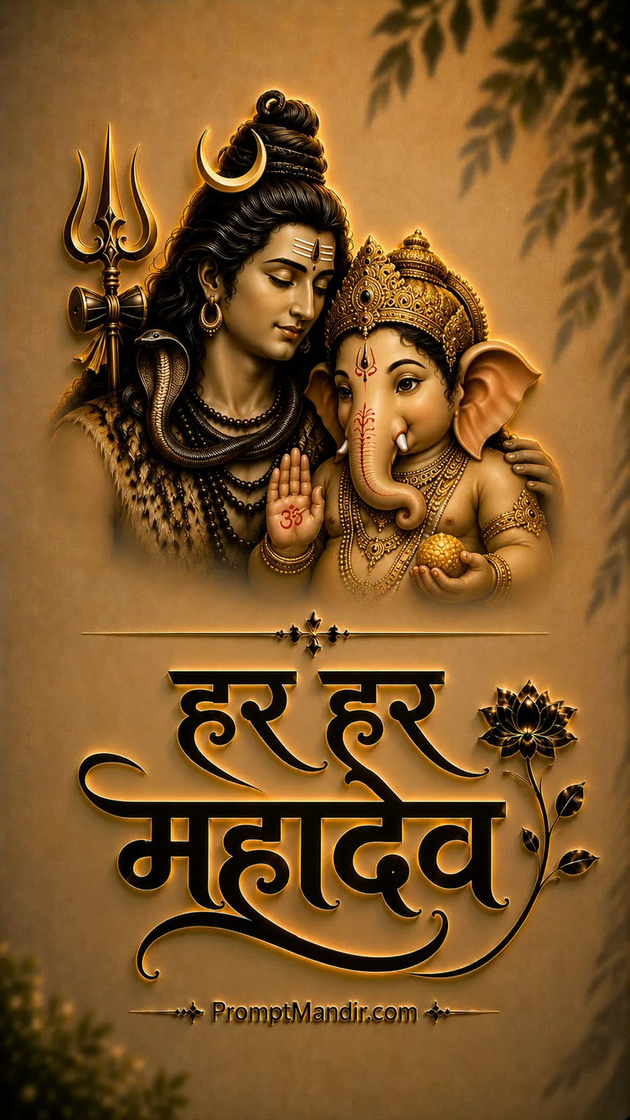 Divine golden portrait of Lord Shiva with young Lord Ganesha holding a laddoo, featuring 3D Har Har Mahadev calligraphy