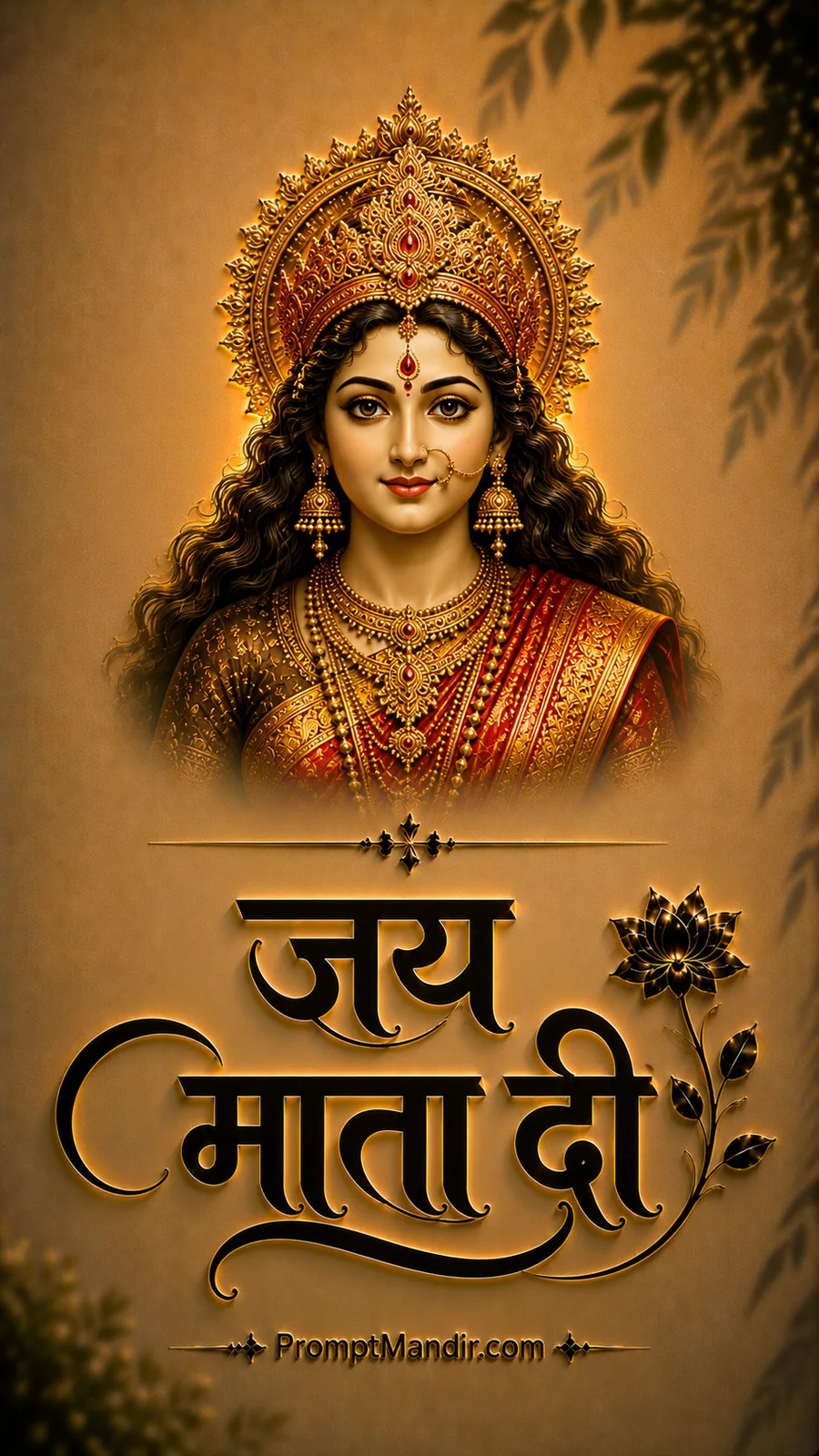 Divine golden portrait of Goddess Durga (Mata Rani) with a majestic crown and traditional saree, featuring 3D Jai Mata Di calligraphy
