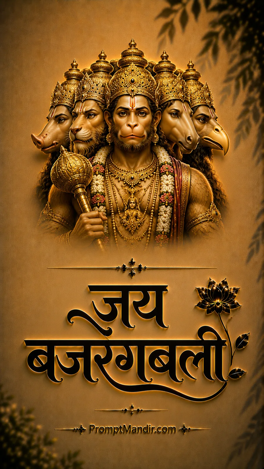Divine golden Panchmukhi Hanuman portrait with five faces holding a Gada, featuring 3D Jai Bajrangbali calligraphy
