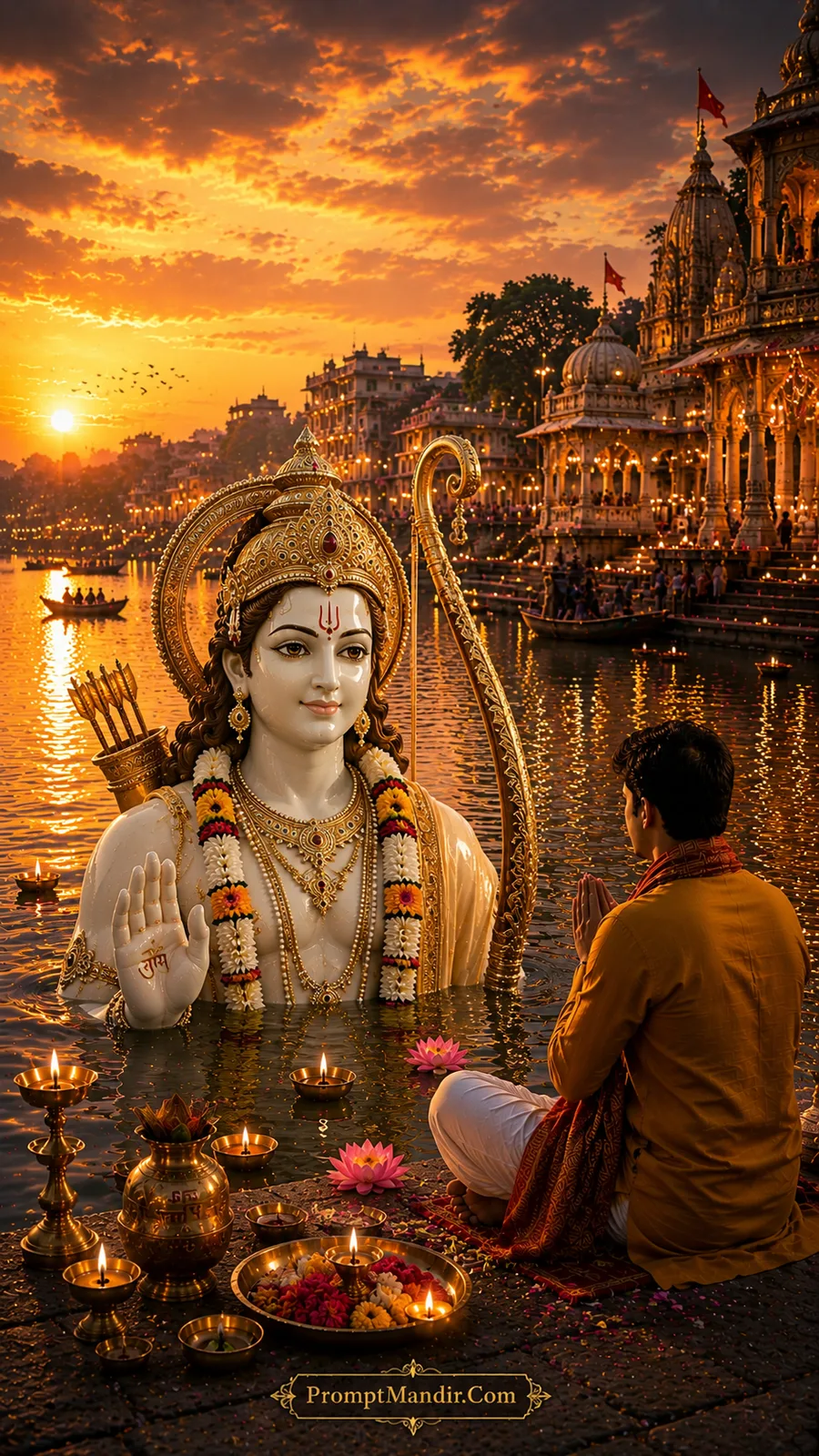 Divine Lord Rama emerging from sacred river as devotee offers evening prayers at sunset