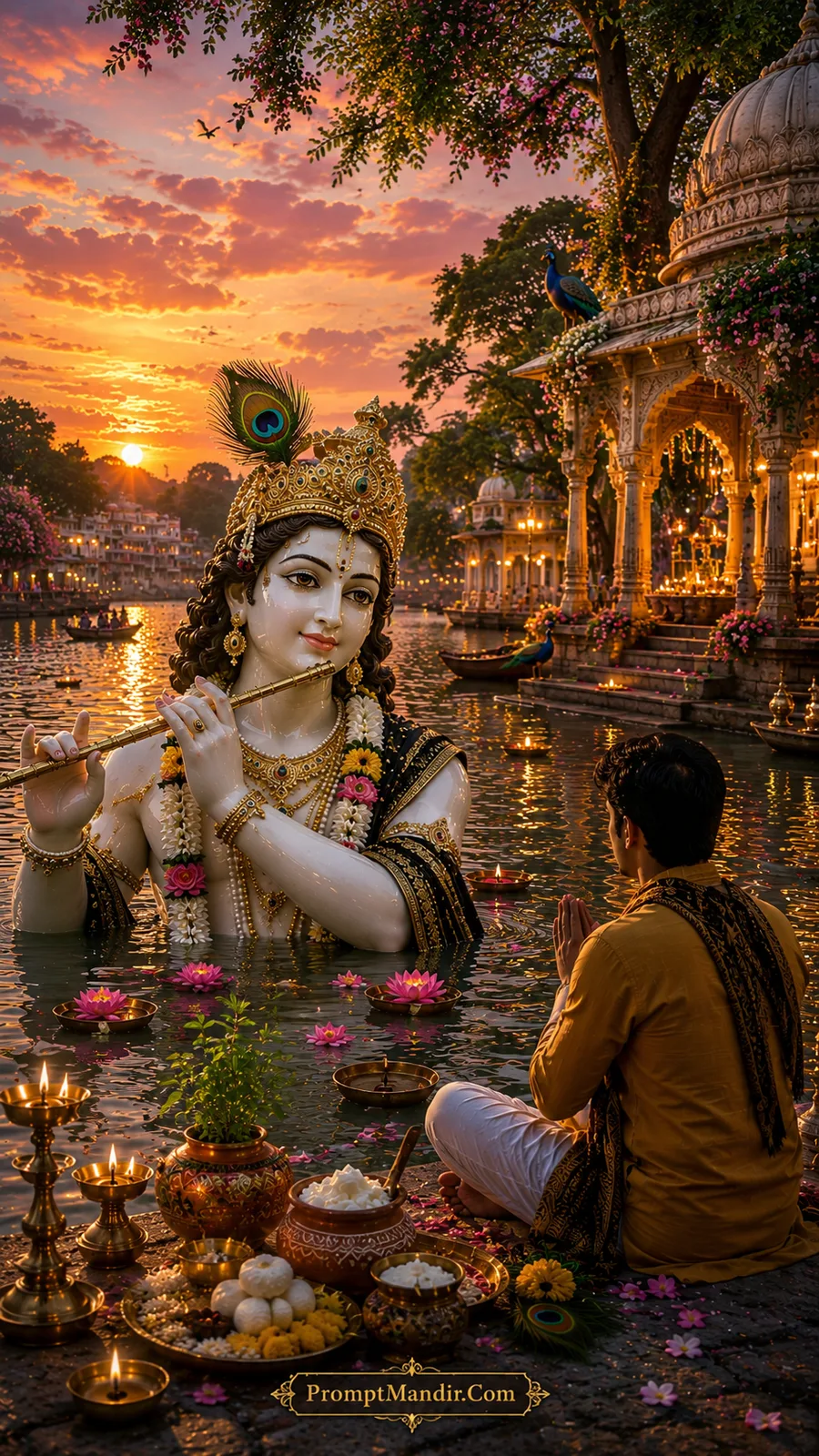 Graceful Lord Krishna playing flute beside sacred river with praying devotee at sunset