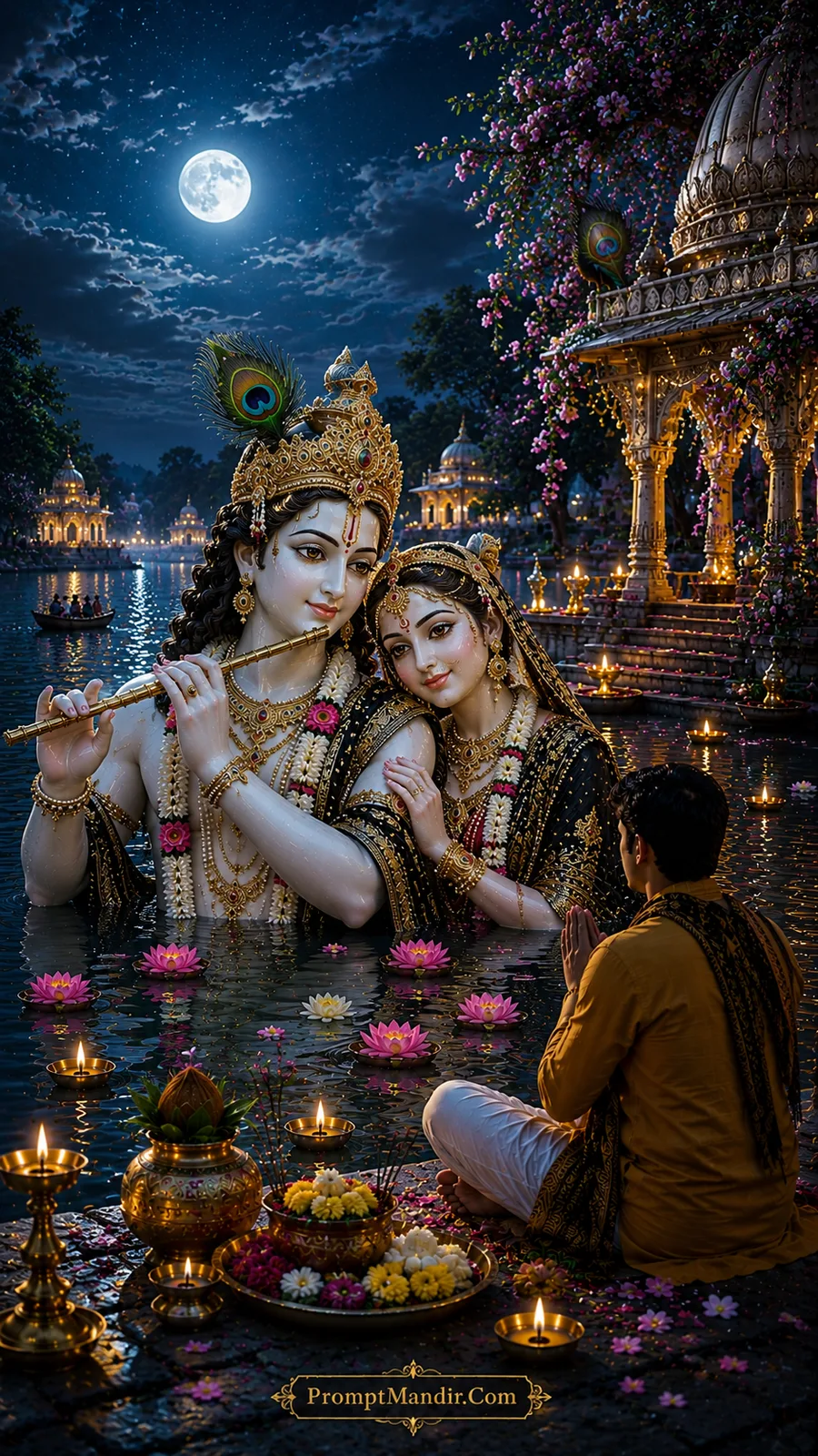 Divine Radha Krishna beside moonlit river with praying devotee and floating lotus flowers