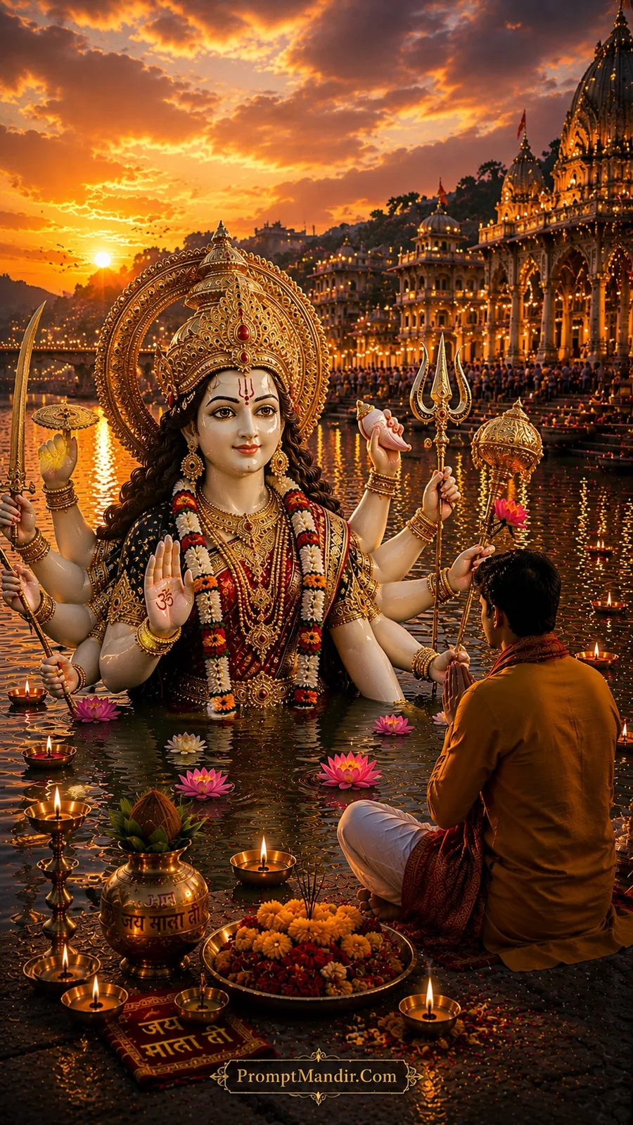 Radiant Goddess Durga blessing devotee from sacred river during glowing sunset temple scene