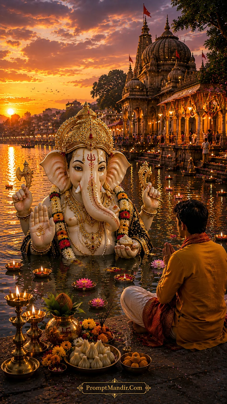 Sacred Lord Ganesha blessing devotee beside illuminated river and temple during golden sunset