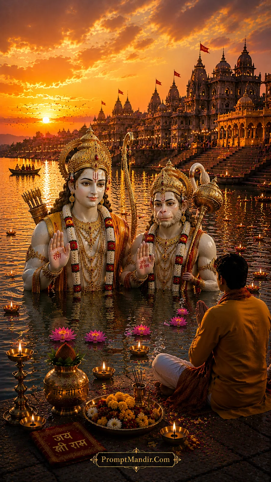 Lord Rama and Hanuman blessing praying devotee beside sacred river at sunset