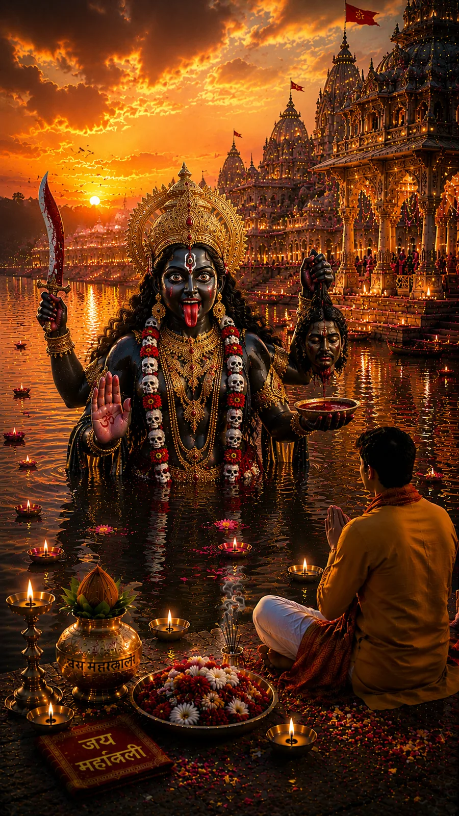 Powerful Goddess Kali appearing from sacred river before praying devotee at illuminated sunset temple