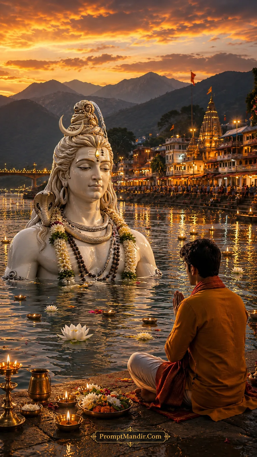 Peaceful Lord Shiva meditating above sacred river while devotee offers evening prayers