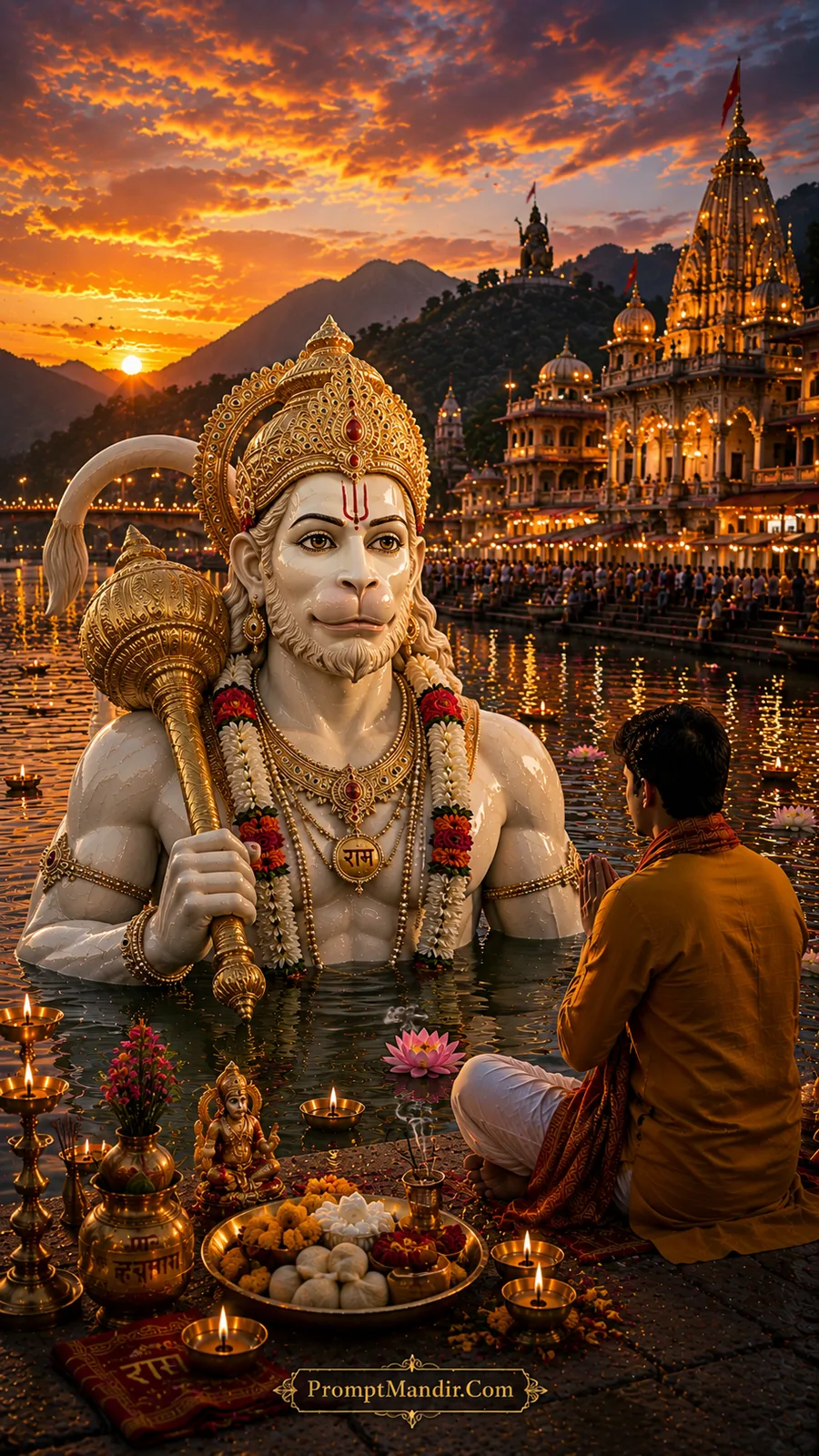 Blessed Lord Hanuman holding golden gada beside sacred river and praying devotee