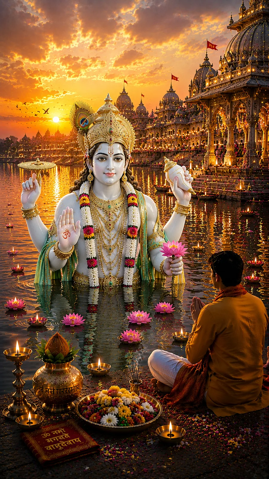 Divine Lord Vishnu emerging from sacred river blessing devotee at glowing sunset temple
