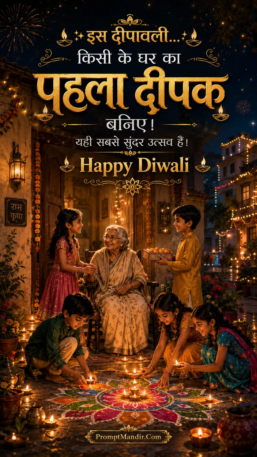 Children lighting diyas around a colorful rangoli while their grandmother watches with joy, celebrating the spirit of Diwali