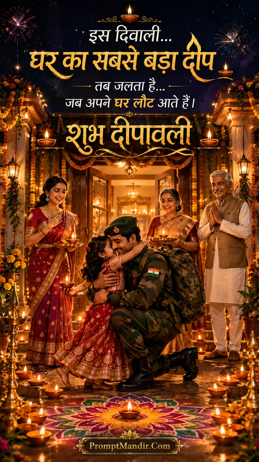 Emotional homecoming scene of a soldier returning home for Diwali, hugging his daughter, with family watching proudly