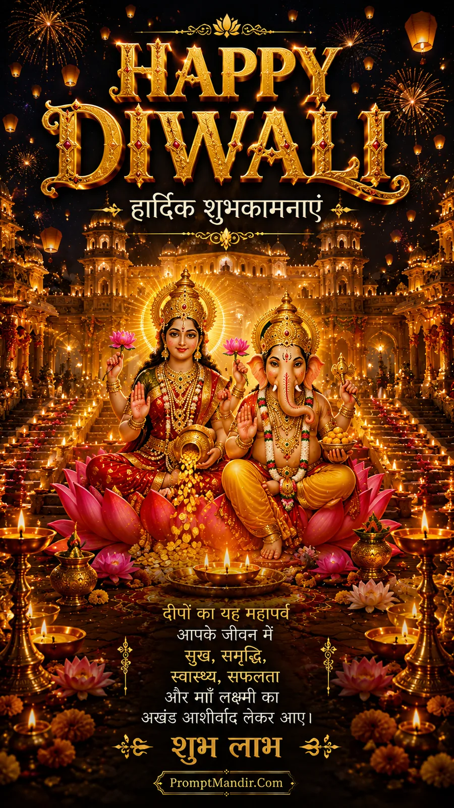 Grand Diwali greeting with Goddess Lakshmi and Lord Ganesha seated on lotus flowers, showering gold coins and blessings