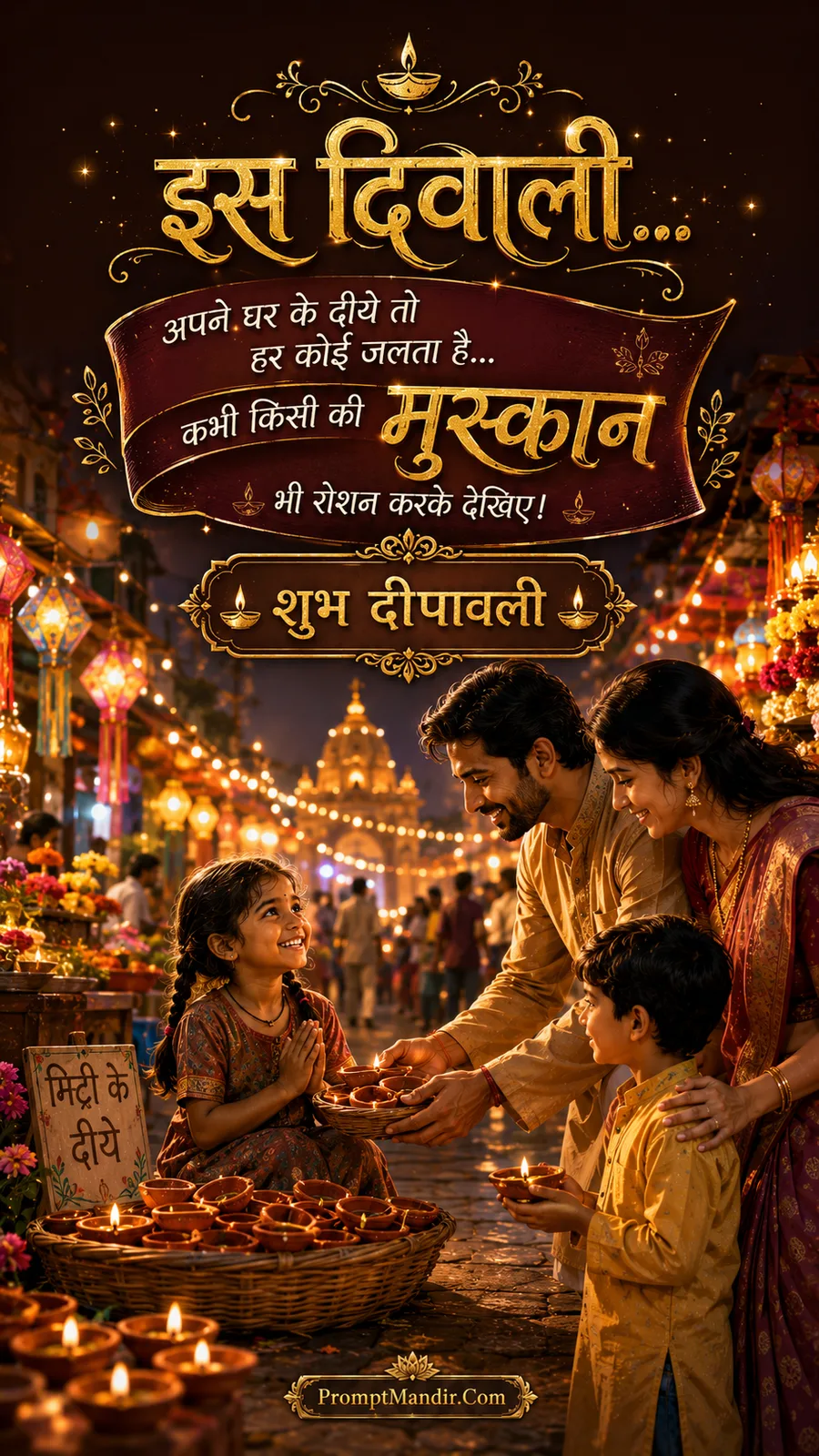 A family buying and distributing earthen diyas on a bustling Diwali market street