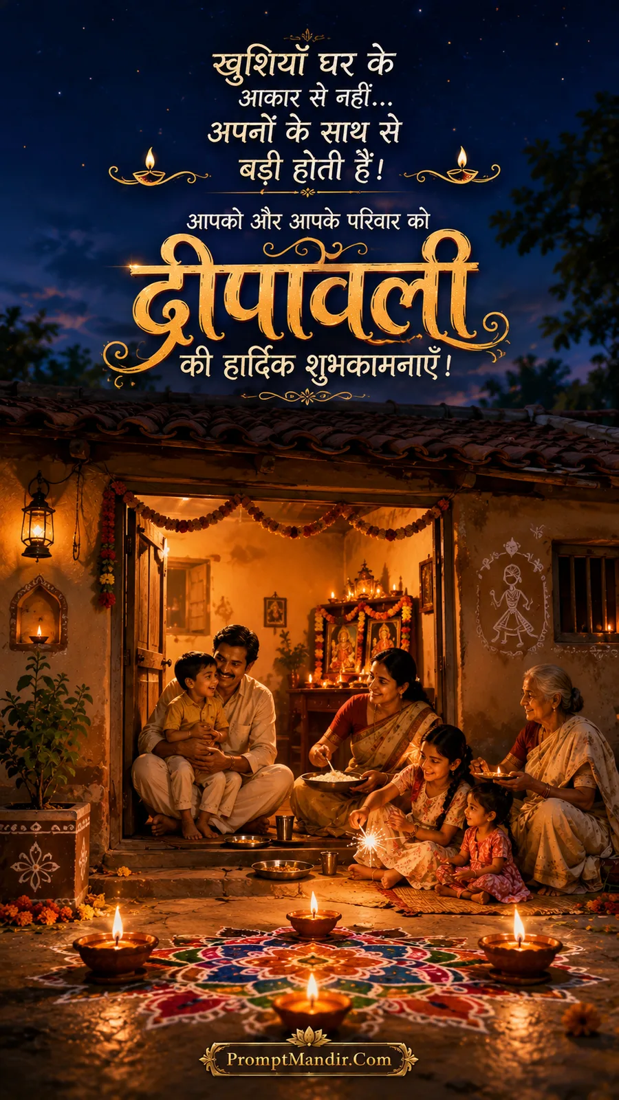 A family celebrating Diwali in their humble home, lighting diyas and sparklers, proving that happiness is about togetherness