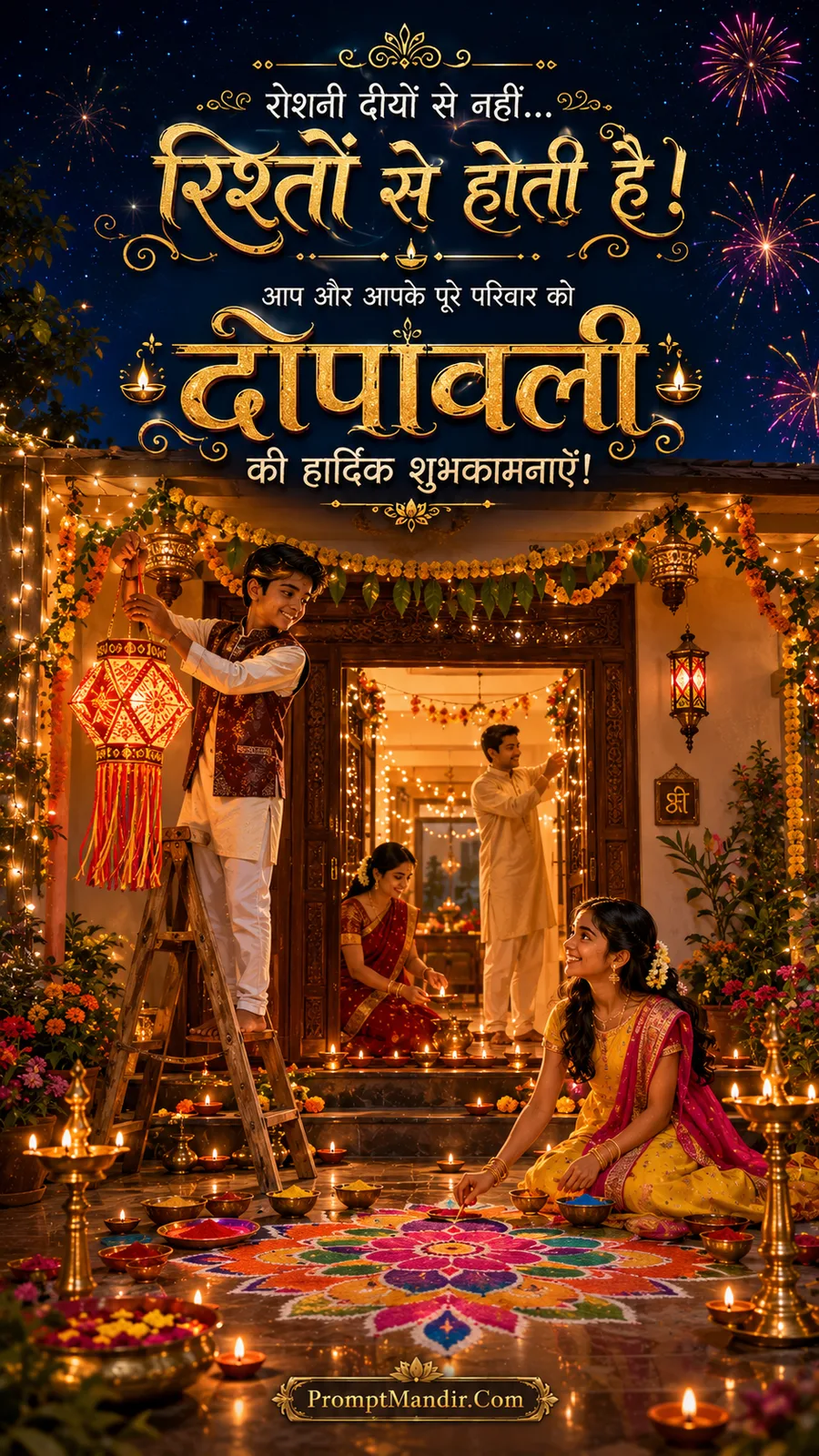 Family decorating their home for Diwali with lanterns, diyas, and a colorful rangoli