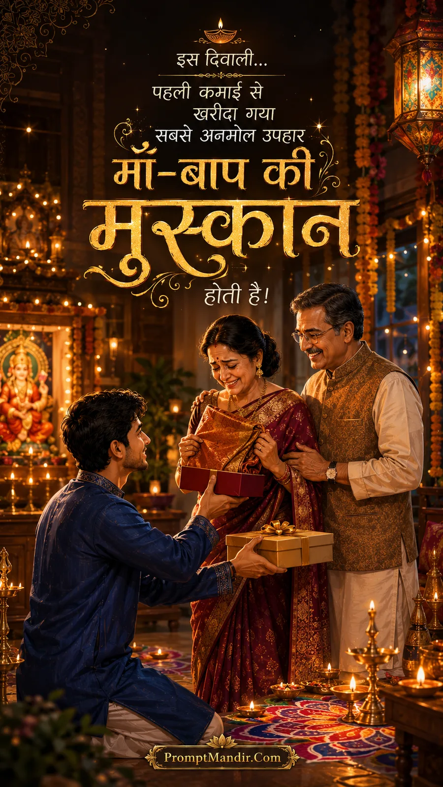 Emotional scene of a son gifting a saree to his mother and a watch to his father with his first salary on Diwali