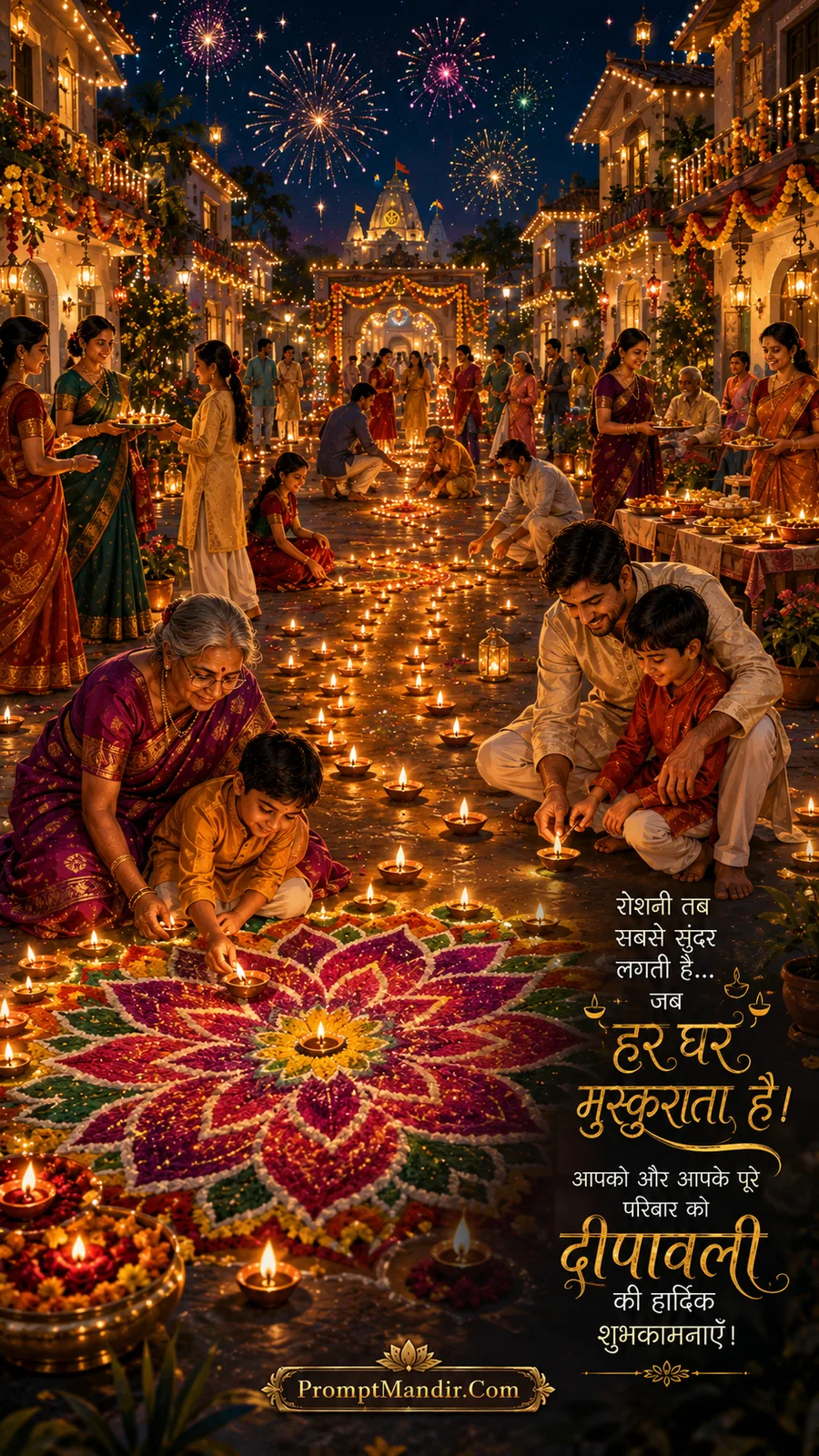 A beautiful community Diwali scene with families lighting diyas along a street, a grandmother and grandson making a rangoli