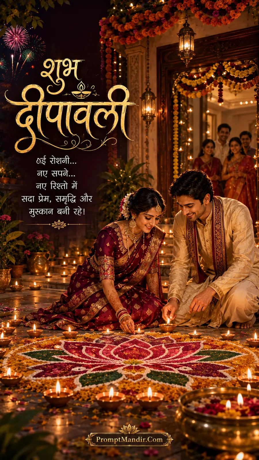 Romantic scene of a newlywed couple lighting diyas together on their first Diwali after marriage