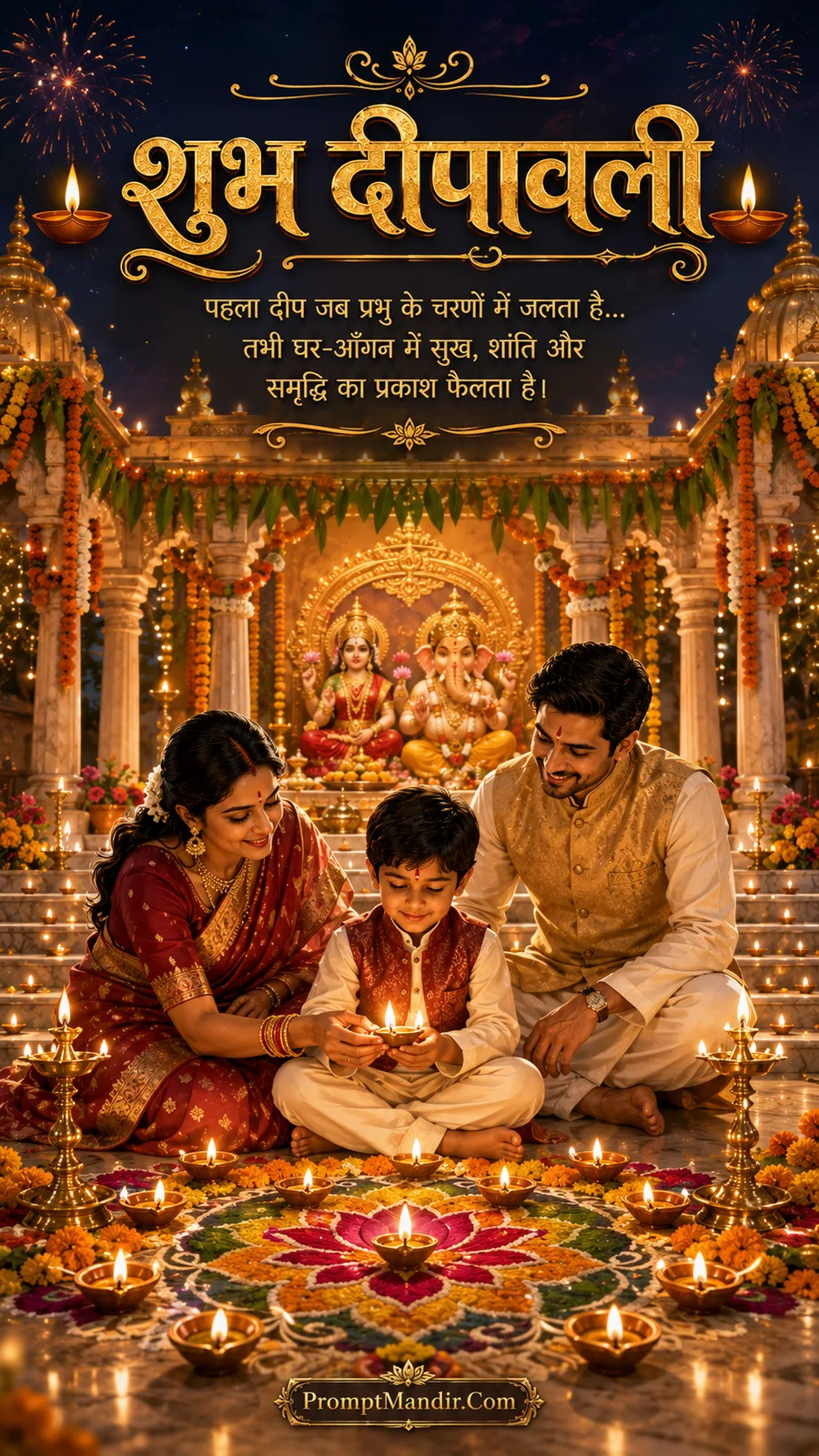 Sacred scene of a family lighting the first diya at the feet of Lakshmi-Ganesh, seeking blessings for prosperity and happiness