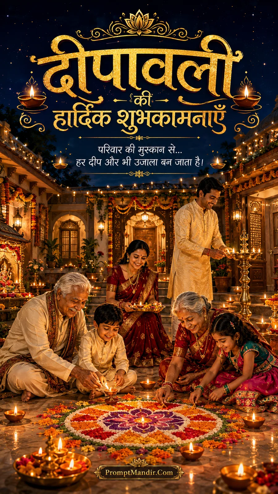 Emotional scene of grandparents and grandchildren lighting diyas and creating a rangoli together on Diwali night