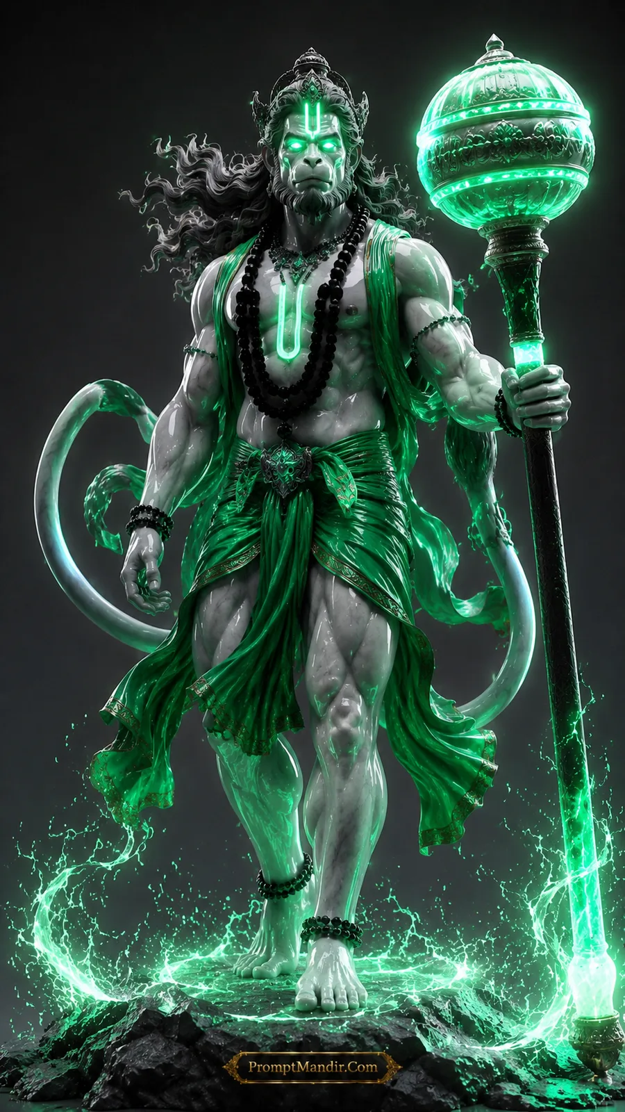 Lord Hanuman walking with glowing emerald gada and radiant green spiritual energy