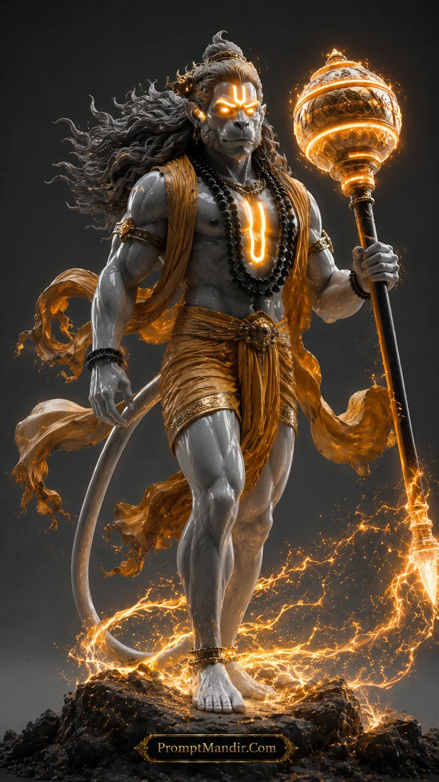 Lord Hanuman carrying glowing golden gada with radiant celestial golden aura