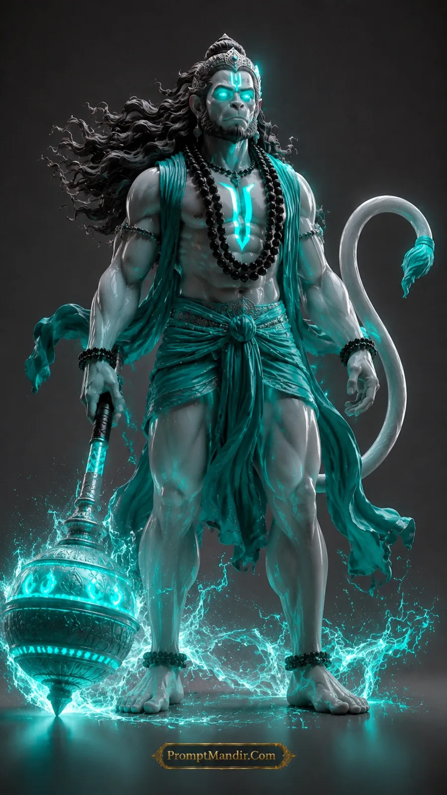 Lord Hanuman standing beside glowing cyan gada with luminous spiritual energy