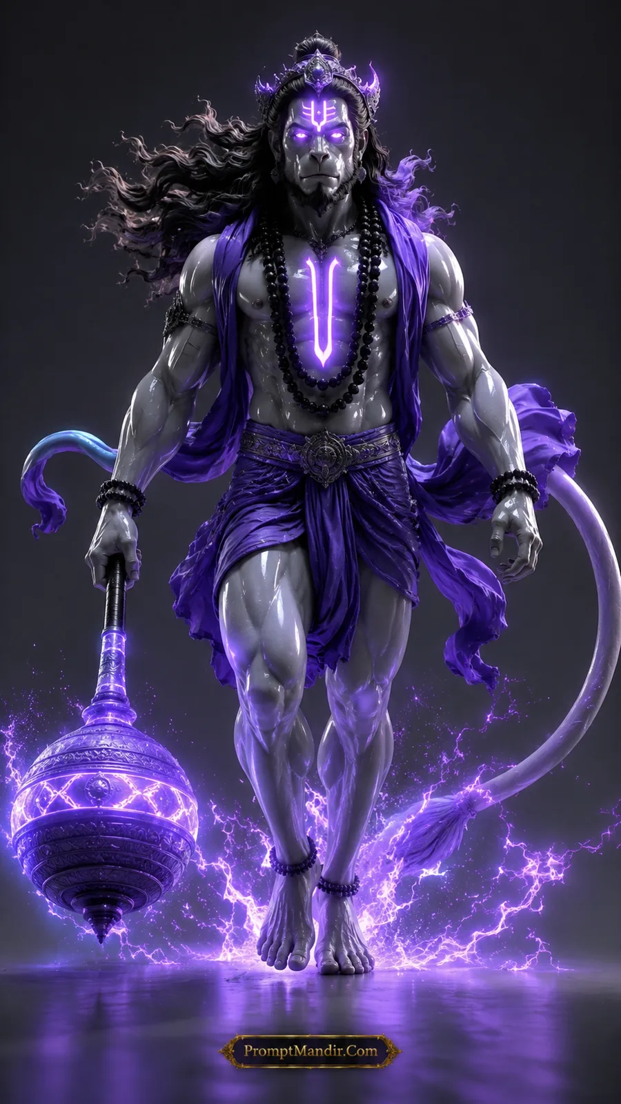 Lord Hanuman walking with glowing violet gada and mystical purple spiritual aura