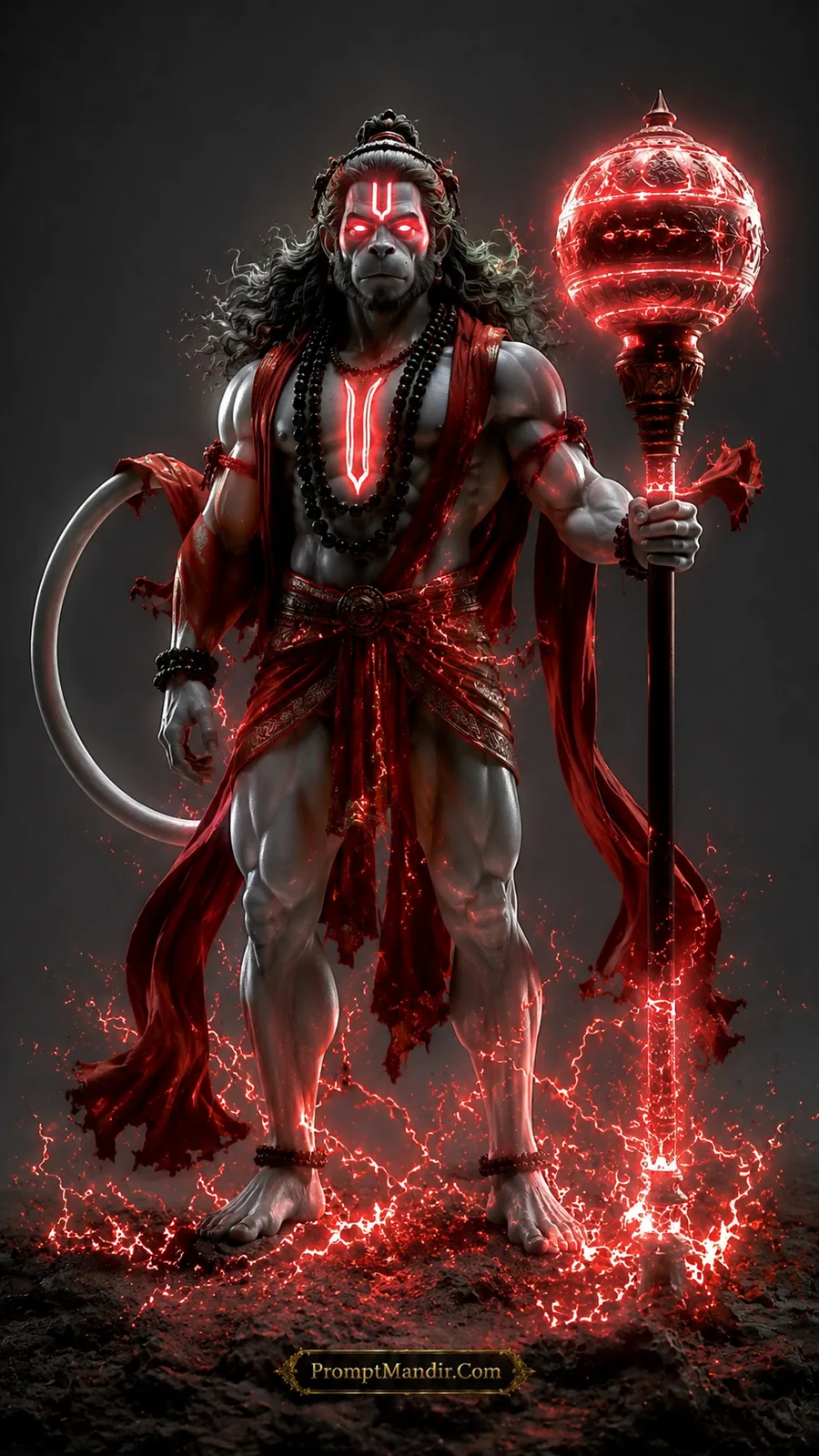 Lord Hanuman holding radiant crimson gada with blazing red divine energy