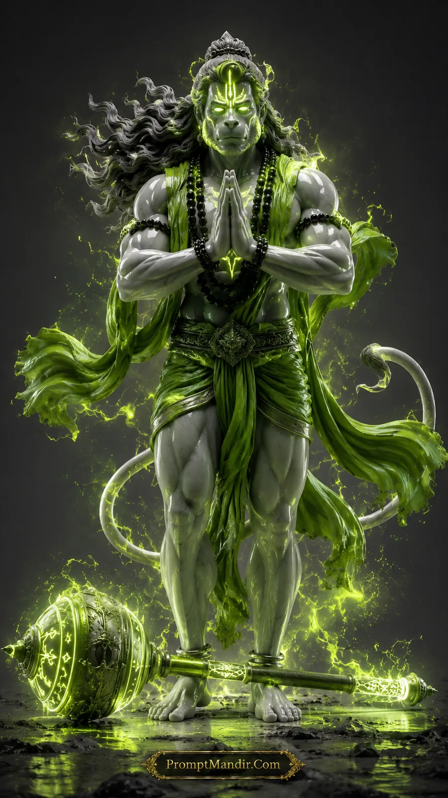 Lord Hanuman offering namaste beside glowing green gada with peaceful spiritual aura