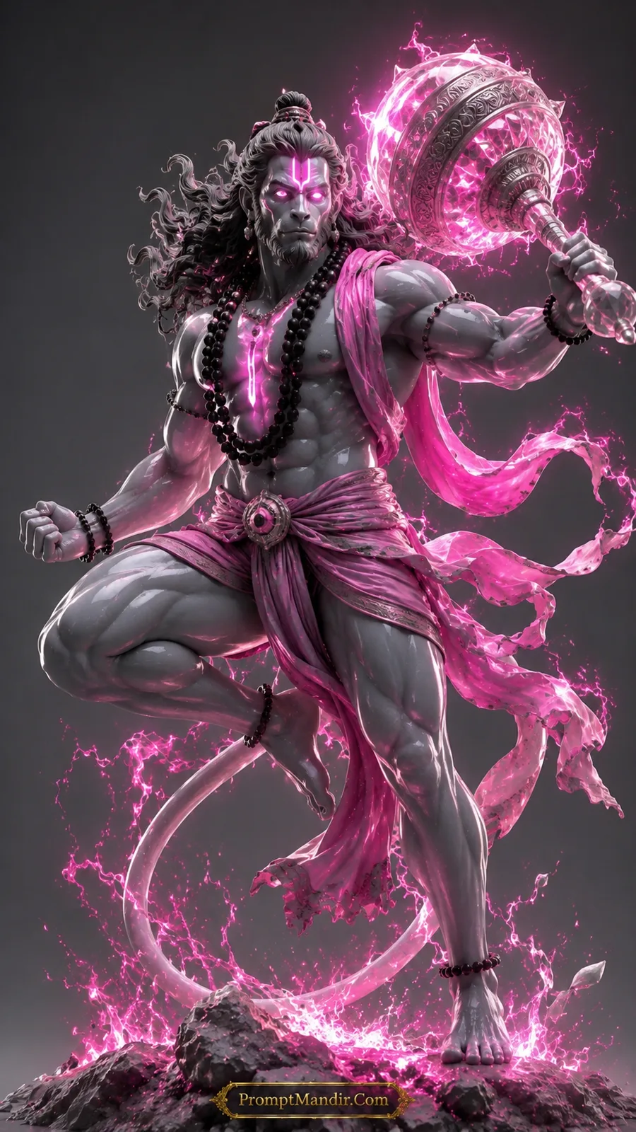 Lord Hanuman wielding glowing pink gada in dynamic warrior stance with radiant energy