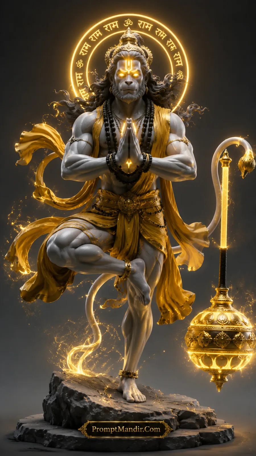 Lord Hanuman praying with radiant golden halo and glowing sacred gada beside him