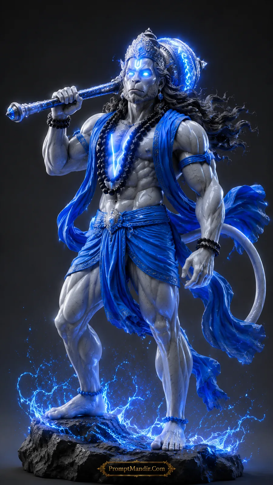 Lord Hanuman carrying glowing blue gada over shoulder with celestial blue energy